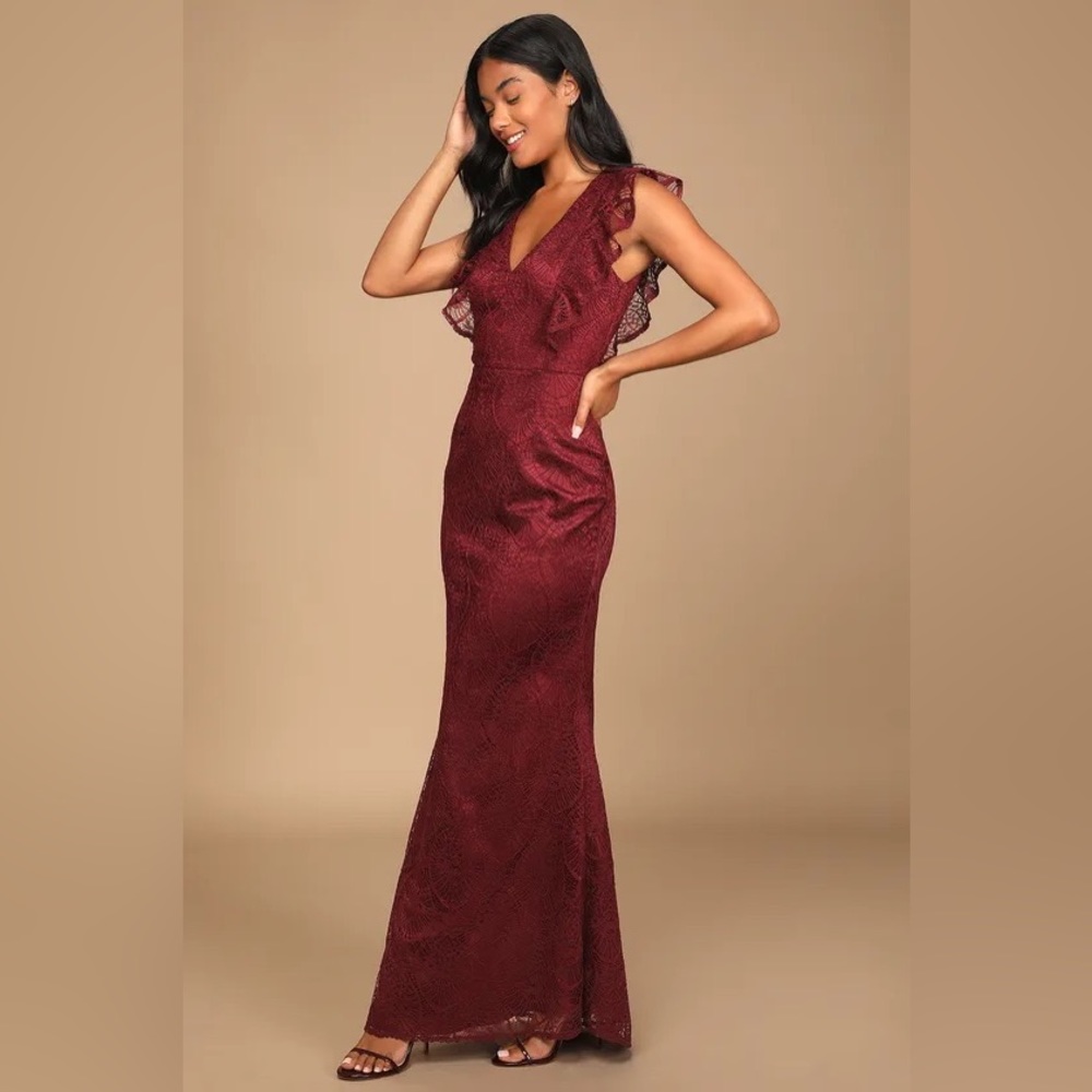 With Elegance and Grace Burgundy Lace Mermaid Maxi Dress